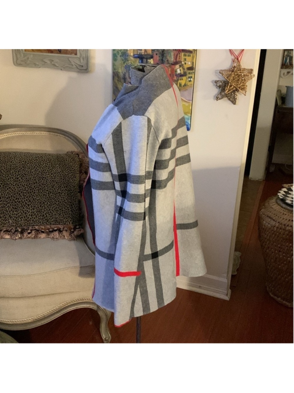 Alison Sheri plaid grey, red and black shacket/shardigan cardigan small - Picture 5 of 12